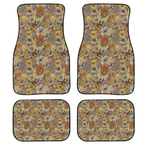 Retro Sunflower Print Car Floor Mats Set of 4 Daisy Floral Butterfly Universal Vehicle Floor Carpet Decorative Auto Front Rear Foot Rugs for Trucks SUV Sedan - color: Yellow
