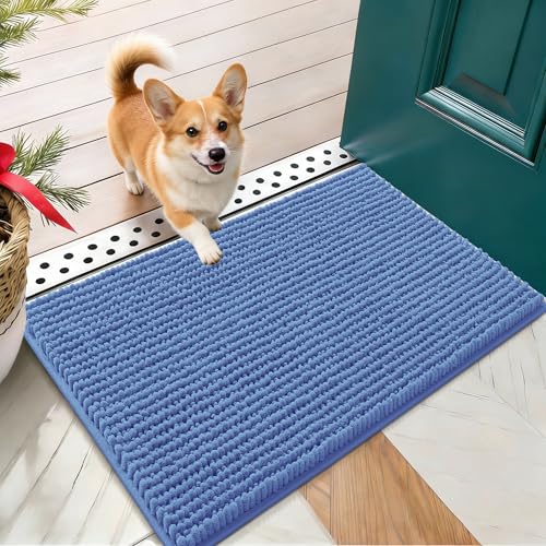 OLANLY Dog Door Mat for Muddy Paws 24x16, Ultra Absorbent Chenille Mud Doormat, Non-Slip Washable and Dirt Trapping Doormat for Indoor Entryway, Quick-Dry Indoor Pet Bed Mats for Dogs, Cornflower Blue - color: Cornflower Blue, size: 24" X 16"