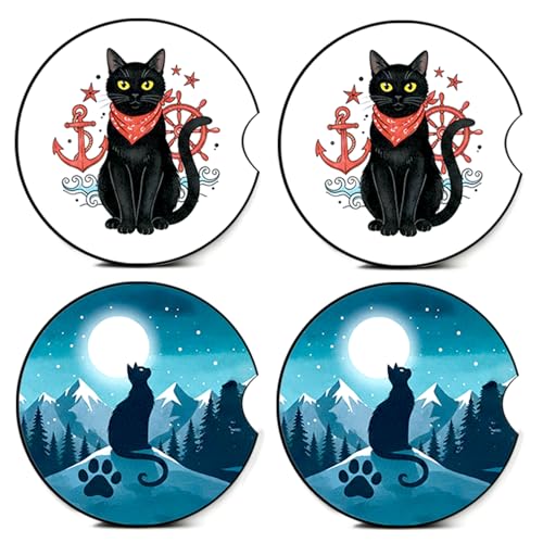 4PCS Cat Car Coasters,Car Coasters for Cup Holder,Cat Cars Accessories Interior Decor Universal Neoprene 2.75" Anti-Slip Rubber Mat with Finger Slot,Gifts for Women,Men,Driver - color: Black Cat