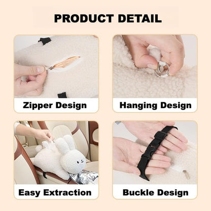 Cute Car Tissue Holder Rabbit Plush Hanging Paper Dispenser Decorative Organizer for Seat Back Funny Animal Design for Home Car Office (Cat)