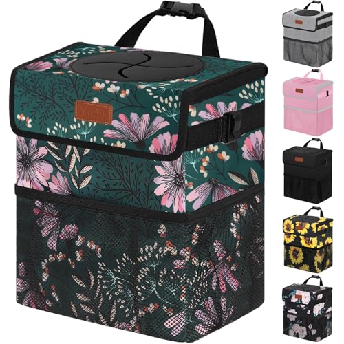 Vankor 3 Gallons Car Trash Can with Lid, Car Trash Bag Bin Hanging Waterproof Automotive Garbage Cans Leak Proof Vehicle Trash Can Navy Floral - color: Navy Floral, size: 3 Gallons