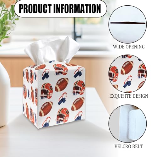 Tissue Box Cover Holder - Football Sports PU Leather Tissue Box Cover with Bottom Belt, Square Facial Paper Organizer for Tabletop, Bathroom, Kitchen, Car & Office -048 - color: Football