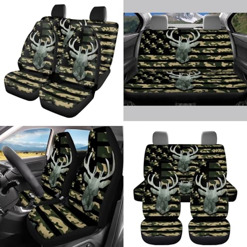 Horeset Camouflage Car Seat Cover Full Set of 11pcs with Headrest Protector Lanyards Key Chain Cup Pad Gear Shift Knob & Handbrake Sleeve Automotive Seat Cover American Flag Deer - color: Camouflage American Flag Deer