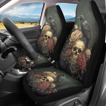 Raven Crow Skull Flower Print Car Seat Covers, 2 Pieces Washable Vehicles Front Seat Protectors, Scratch-Resistant Bucket Seat Cover Fits Most Vehicles, Sedans, Trucks, SUVs, Vans - color: Raven Crow Skull Flower