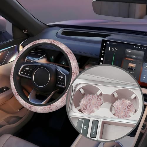 Rose Gold Leopard Print Steering Wheel Cover with 2 Pcs Car Coasters Neoprene Steering Wheel Cover for Women Men Anti-Slip Breathable Car Accessories Universal 15 Inch Fit Auto Cars Trucks - color: Rose Gold Leopard Print