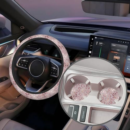 Rose Gold Leopard Print Steering Wheel Cover with 2 Pcs Car Coasters Neoprene Steering Wheel Cover for Women Men Anti-Slip Breathable Car Accessories Universal 15 Inch Fit Auto Cars Trucks - color: Rose Gold Leopard Print