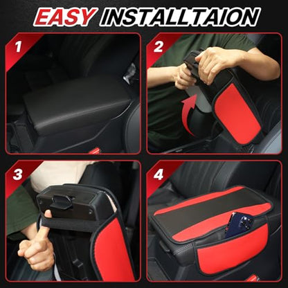 Car Center Console Cover with Side Storage Pockets, Patchwork Leather Armrest Pad with Carbon Fiber Texture, Non-Slip Auto Armrest Cushion Protector for Most Cars, Vehicles, SUVs (Blue)