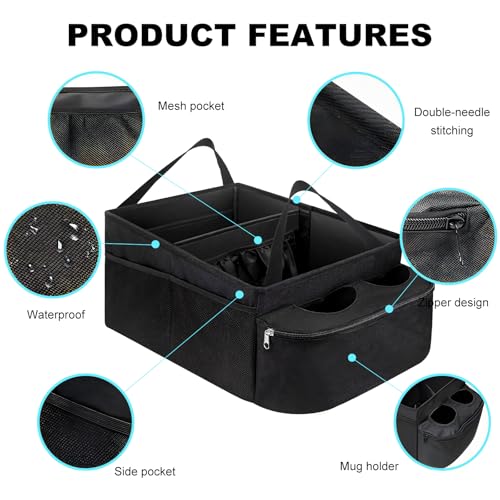 Car Passenger Seat Organizer, Collapsible Oxford Fabric Car Organizer with Partitions & 2 Cup Holders, Multi-Purpose Large Capacity Storage Box for Front & Back Seats
