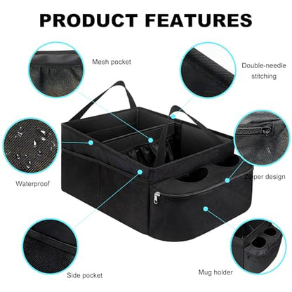 Car Passenger Seat Organizer, Collapsible Oxford Fabric Car Organizer with Partitions & 2 Cup Holders, Multi-Purpose Large Capacity Storage Box for Front & Back Seats