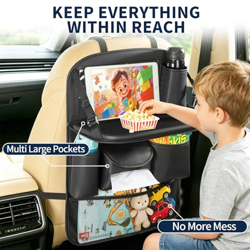 1 Pack Backseat Car Organizer with Foldable Tray Table, PU Leather Seat Back Organizer with Tablet Holder, Large Storage Pockets, Waterproof Kick Mat & Seat Back Protector for Cars, SUVs & Minivans - size: 1 Pack