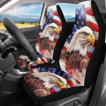 Dreaweet American Flag Bald Eagle Car Seat Covers Front Seats Only Washable Universal 2 Piece Elastic High Back Bucket Seat Covers for Most Cars SUV Trucks Patriotic Car Accessories Interior - color: American Flag Bald Eagle