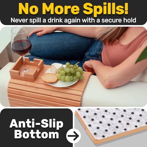 Bamboo Couch Holder - Non-Slip Furniture Protector, Sofa Armrest Table for Mugs & Tumblers – Weighted 16” Large Natural Bamboo Holder for Recliners and Loveseats - color: Natural