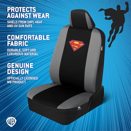 BDK Warner Brothers DC Superman Front & Rear Car Seat Covers Full Set - Easy to Install Durable & Polyester Car Seat Cover - All Vehicles Airbag Compatible Universal Car Accessories (Black & Gray) - size: Full Set, style: Superman