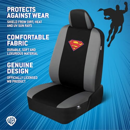 BDK Warner Brothers DC Superman Front & Rear Car Seat Covers Full Set - Easy to Install Durable & Polyester Car Seat Cover - All Vehicles Airbag Compatible Universal Car Accessories (Black & Gray) - size: Full Set, style: Superman