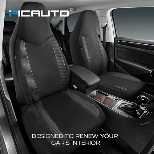 PIC AUTO Car Seat Covers - High Back Front Sports Carbon Fiber & Mesh Design Seat Covers, Automotive Seat Covers, Universal Fit for Most Cars, Airbag Compatible (Black)