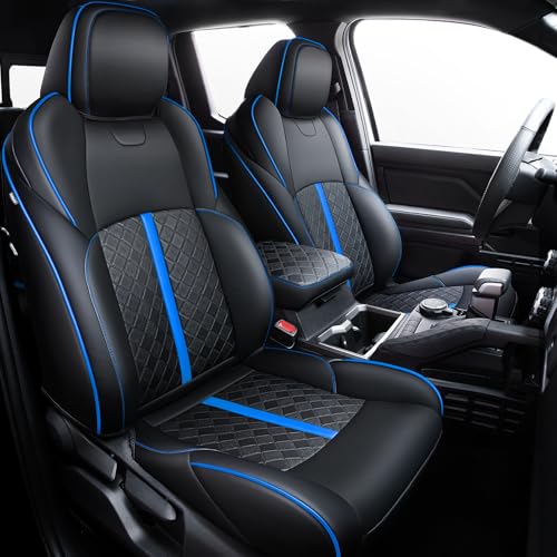 Carlimeki Leather Seat Covers Custom Fit for Tacoma Gen 4th (2024-2026) Double Cab, for SR, SR5, TRD PreRunner, TRD Sport, TRD Off-Road, Limited, Trailhunter - Armrest Covers Included - Fully Covered - color: 2024-2026 ( Black-Blue ) & Full Set, size: 4th