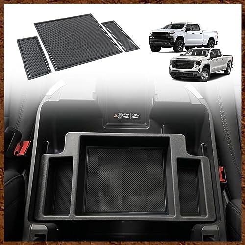 Center Console Organizer Compatible with 2022-2026 Chevy Silverado/GMC Sierra 1500 and 2024-2026 Silverado & Sierra 2500HD 3500HD Armrest Storage Box w/Bucket Seats ONLY(OEM Tray Mats only) - size: Console Mats