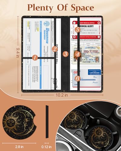 Slohif Car Registration and Insurance Card Holder with Magnetic Shut - Vehicle Glove Box Organizer Women Leather Automobile License Holders Coasters Auto Accessories Case for Document Moon Sun Black - color: Black