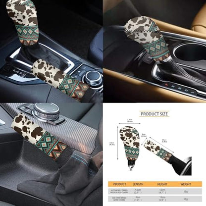 Horeset Southwest Aztec Geometric Cow Print Auto Seat Cover with Headrest Cover,Cup Coasters,Handbrake Cover,Gear Shift Caover and Lanyaeds Key Chain Fit Most Cars for Women Men(11-Piece) - color: Southwest Aztec Geometric Cow Print