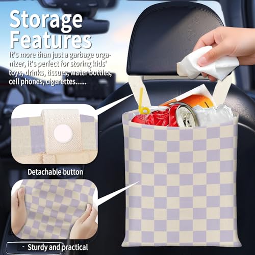 Hanging Car Garbage Bag, Cute Car Trash Can Bag, Automotive Accessories for Women Men Cute Purple Checkerboard - color: Cute Purple Checkerboard