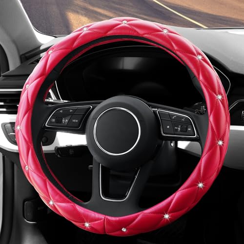 YOGURTCK Cute Diamond Soft Leather Anti-Slip Steering Wheel Cover with Bling Bling Crystal Rhinestones, Universal 15 Inch for Women Girls, Fit Vehicles, Sedans, SUVs, Vans, Trucks - Red - color: A-Red