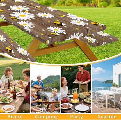 Bee Daisy Picnic Table Cover with Bench Covers Waterproof Windproof Elastic Fitted Outdoor Camping RV Tablecloths with Drawstring Bag Reusable Rectangle Rectangle Tables and Seats Cover 30X72IN - color: Brown/Yellow, size: 30" x 72" (Rectangular)