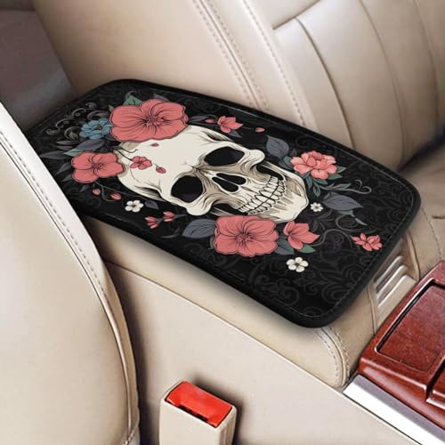 Universal Car Center Console Cushion Pad, Red Flower Skull Soft Waterproof Car Center Console Cover Auto Armrest Seat Box Cover Protector for Most Vehicle SUV Truck Car - color: Red Flower Skull