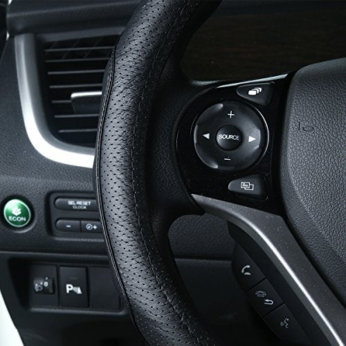 QianBao Genuine Leather Car Steering Wheel Cover Black for 13.5 to 14.2 inches Steering Wheels, Sweat Absorbent (Black) - color: Black Line