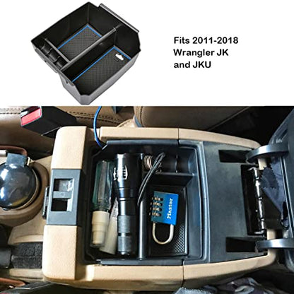 Center Console Organizer Tray Compatible with Jeep Wrangler JK/JKU 2011-2018 Rubicon Sport Sahara Accessories Armrest Storage Glove Box, (Blue Trim)