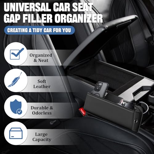 2 PCS Car Seat Gap Filler Organizer, Premium Leather Car Seat Gap Organizer Holder Women & Men with Card Slots, Cars Essentials for SUV, Truck, Phones, Cards, Keys (Black)
