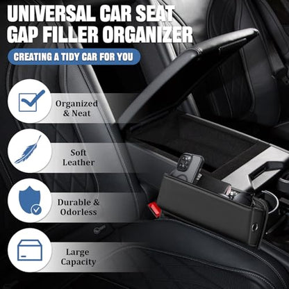 2 PCS Car Seat Gap Filler Organizer, Premium Leather Car Seat Gap Organizer Holder Women & Men with Card Slots, Cars Essentials for SUV, Truck, Phones, Cards, Keys (Black)