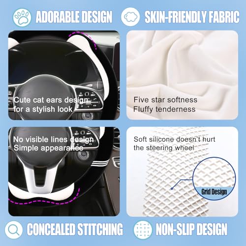 Furry Cute Steering Wheel Cover, Soft Fluffy Short Plush Auto Accessories, Non-Slip Cold-Proof Sweat-Proof Colorfast, Universal 15 inch(Black with White)