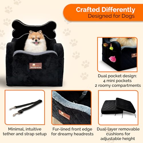 Yara’s Woofyverse Dog Car Seat for Small & Medium Dogs - Premium Booster, Fur-Lined Headrest, Adjustable Cushions & 6-Pocket Storage - Portable Pet Seat for Front/Back Travel - Midnight Ash