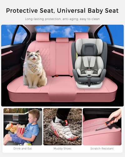 Huidasource Pink Rear Seat Covers, Nappa Leather Back Seat Covers Velcro Adjustable, Compatible with Seat Belts, Child Safety Seats, Fit for Most Cars SUVs Trucks (Back Row/Pink) - color: 01R# Pink, size: Back Seat Cover