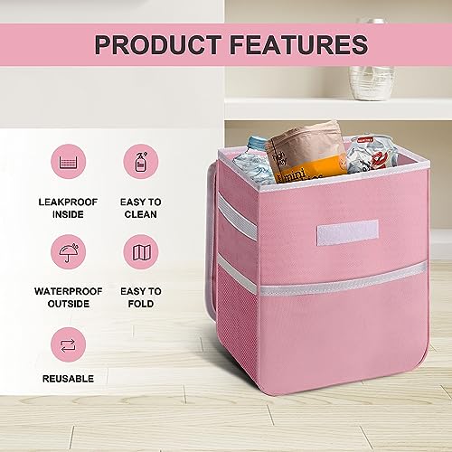 Healsmart 2 Gallon Car Trash Can Lid and Storage Pockets, Leak-Proof Collapsible and Portable Organizer, Multipurpose Garbage Bin with Adjustable Straps, Pink