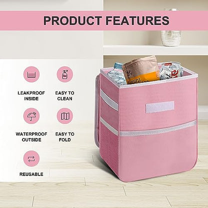 Healsmart 2 Gallon Car Trash Can Lid and Storage Pockets, Leak-Proof Collapsible and Portable Organizer, Multipurpose Garbage Bin with Adjustable Straps, Pink