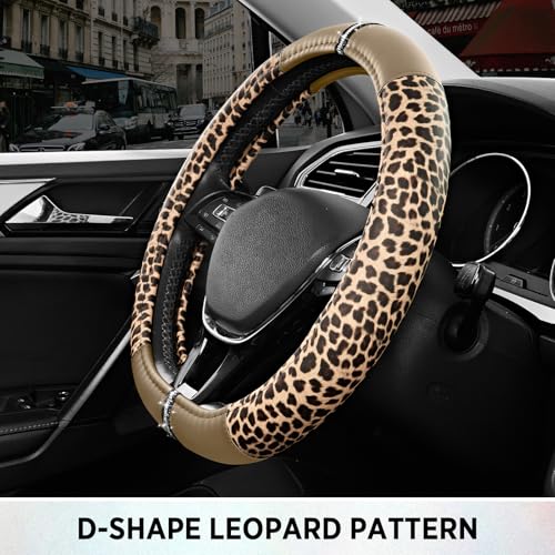 Road Comforts Leopard Steering Wheel Cover for Women, Cute Anti-Slip Microfiber Leather, Fits D Shape Flat Bottom Steering Wheel 14.5-15 Inch - Beige - color: D Shape-Beige