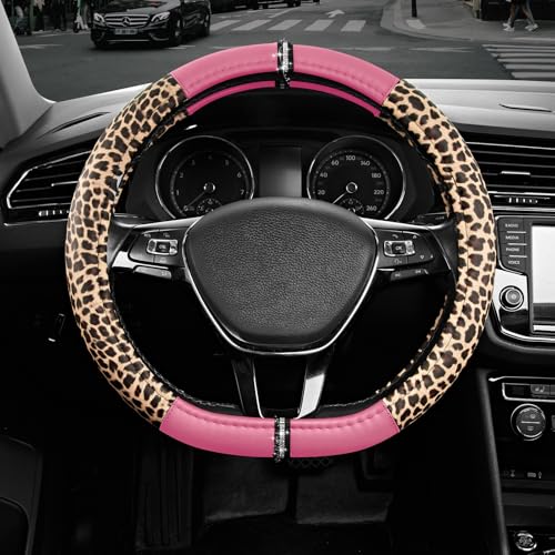 Road Comforts Leopard Steering Wheel Cover for Women, Cute Anti-Slip Microfiber Leather, Fits D Shape Flat Bottom Steering Wheel 14.5-15 Inch - Pink - color: D Shape-Pink
