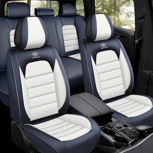 Car Seat Covers for Kia K5 2021-2026, Premium Nappa Leather, Waterproof, Anti-Slip, Full Coverage, Airbag Compatible, Breathable, All-Weather, Easy Install (5 Seats, Blue&White) - color: 5 Seats - Blue&White, size: Kia K5 2021-2026