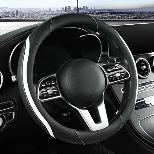 Car Steering Wheel Cover, Leather Steering Wheel Cover White Universal 14.5-15 Inch Microfiber Leather Anti-Slip Breathable Auto Steering Wheel Covers for Men Women(Black & White)