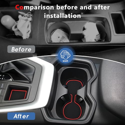 Auovo 3D Cup Holder Insert Liners Compatible with Toyota RAV4 Accessories 2025 2024 2023 2022 2021 2020 2019 Car Custom Cup Holder Mats Pads 4-pc Set (Red Trim) - color: Red, size: 4PCS