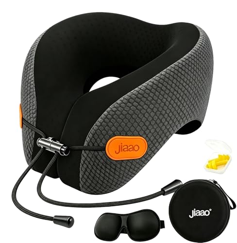 jiaao Neck Travel Pillow Memory Foam Neck Support, for Comfort on Airplane Compact and 360° Support Ergonomic Design for Travel, Car, Airport Travel Essentials - color: Black+grey
