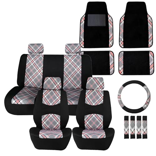 FH Group Full Set Plaid Print Cloth Car Seat Covers Combo Set with Carpet Floor Mats, Universal Fit, Washable Seat Cover for SUV, Sedan, Beige - color: Beige