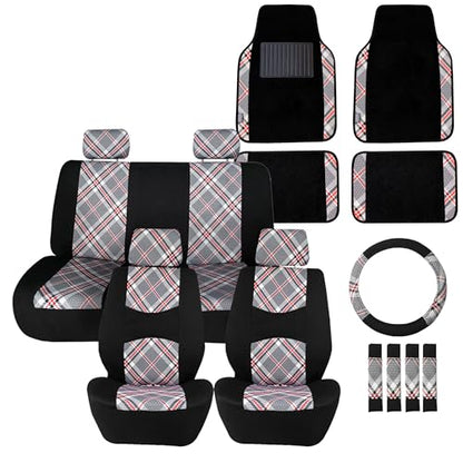 FH Group Full Set Plaid Print Cloth Car Seat Covers Combo Set with Carpet Floor Mats, Universal Fit, Washable Seat Cover for SUV, Sedan, Beige - color: Beige