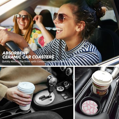 2-Pack Absorbent Car Coasters Pink Cute Ghost - Ceramic & Non-Scratch Cork Base Cup Holder Coasters Universal 2.56"