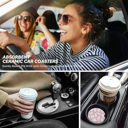 2-Pack Absorbent Car Coasters Pink Cute Ghost - Ceramic & Non-Scratch Cork Base Cup Holder Coasters Universal 2.56"