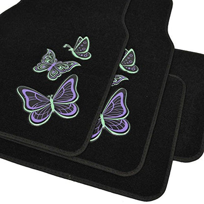BDK Embossed Neon Purple & Green Butterflies Design Carpet Car Floor Mats for Auto Van Truck SUV-4 Pieces Front & Rear Full Set with Rubber Backing-Universal Fit