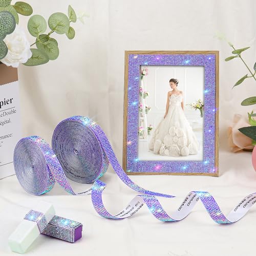 Self Adhesive Purple AB Rhinestone Ribbon Crystal Strips,Bling Christmas Resin Rhinestone Diamond Sticker for DIY Crafts,Wedding,Halloween Christmas Party(8 Rows of 6 Yards,Purple AB)