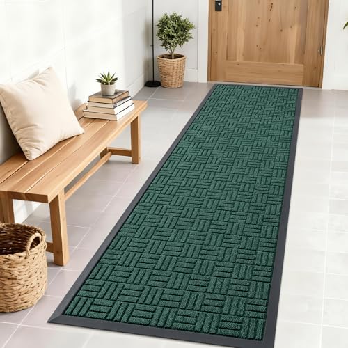 OLANLY Front Door Mat Outside Entrance 71x23, Absorbent, Heavy Duty Sturdy Natural Rubber Doormat Indoor Outdoor, Non-Slip, Stain and Fade Resistant, Low Profile Floor Mat for Entryway, Black Green - color: Black Green, size: 71" X 23"