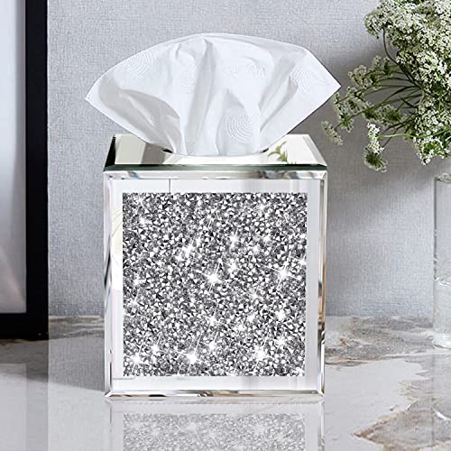 Wocred Square Mirrored Tissue Box Cover,Crystal Crushed Diamond Tissue Box,Silver Luxury Tissue Holders for Either Tissues in a Bathroom or Napkins on a Table.(5.5”x5.5”x5.5”) - color: Silver Diamond